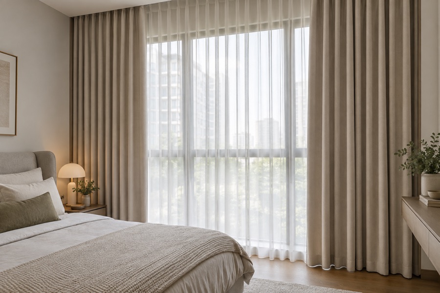 Full-height layered S-fold curtains in a Singapore bedroom