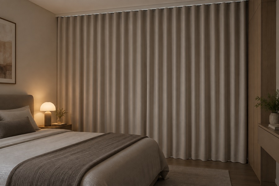 Neutral blackout S-fold curtains fully closed in a bedroom