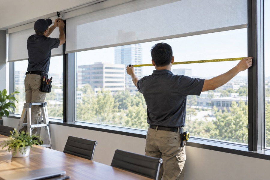 Installer measuring a commercial window for roller blinds