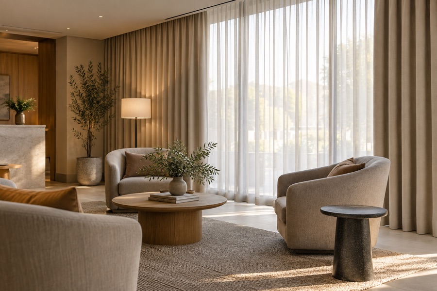 Neutral S-fold and sheer curtains in a client lounge