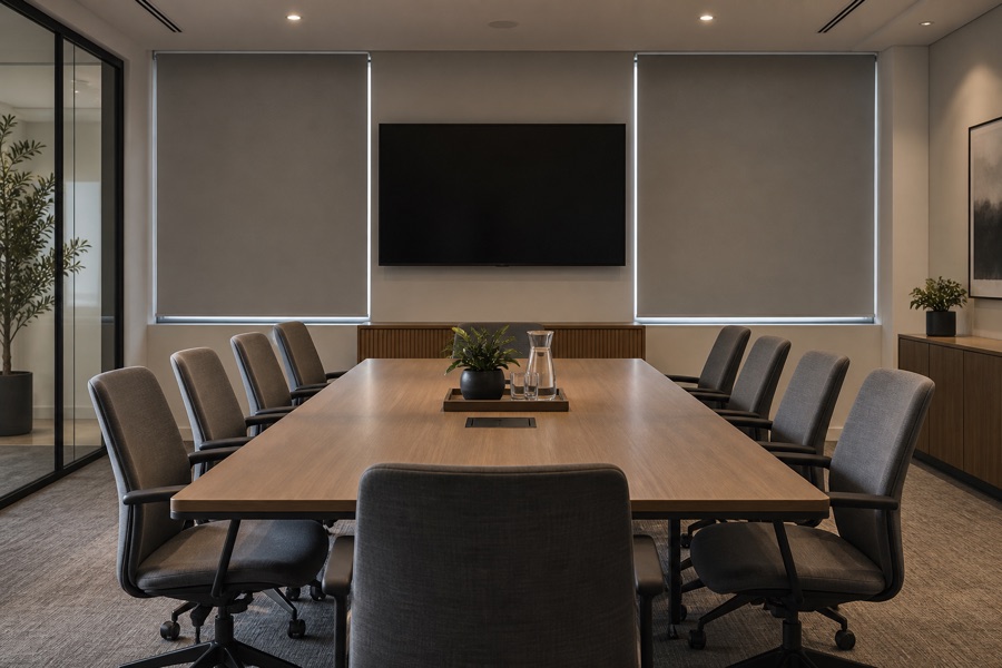 Blackout roller blinds in a commercial presentation room