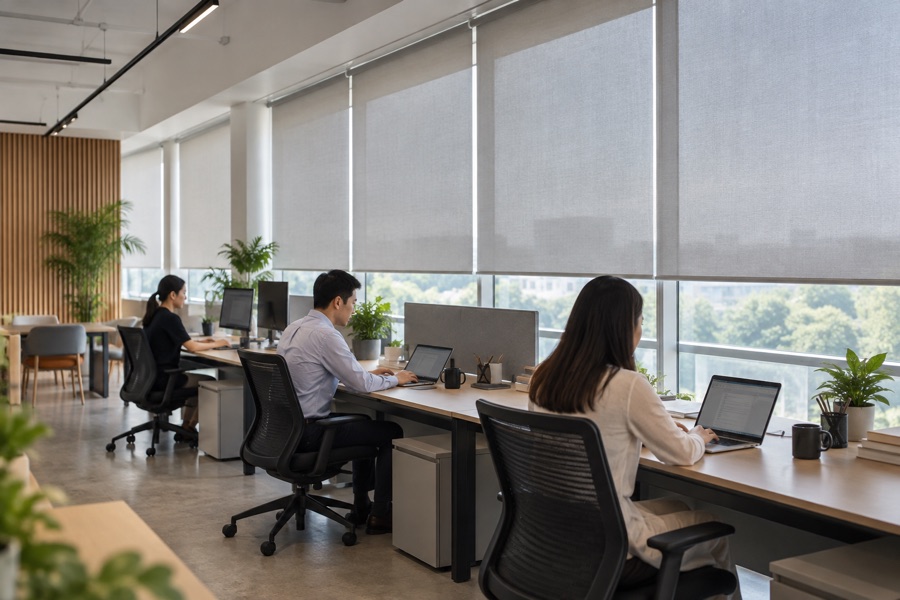 Light-filtering roller blinds above desks in a Singapore office