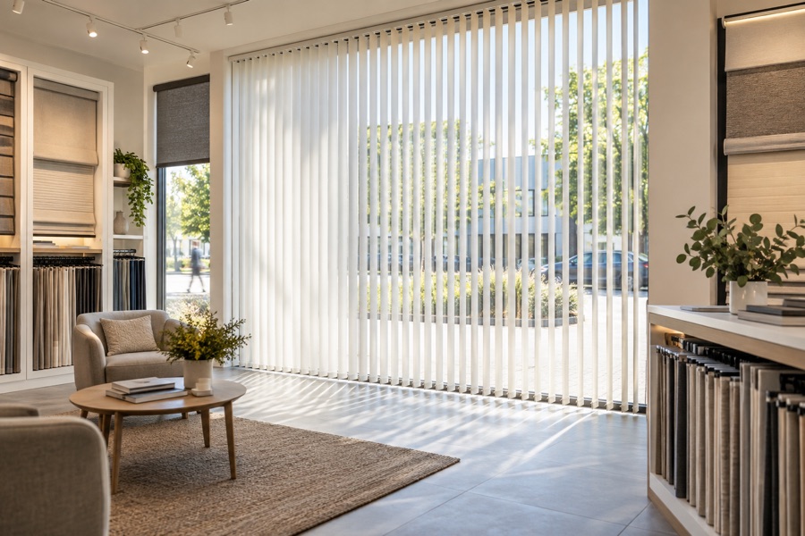 Vertical blinds fitted across a modern retail showroom window