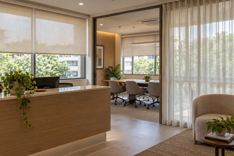 Roller blinds and curtains used in separate commercial zones