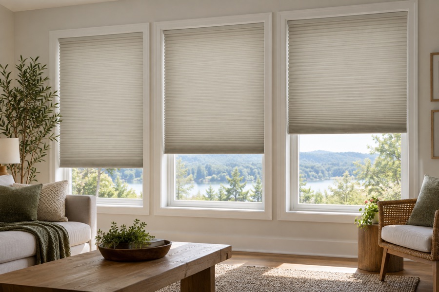 Separate honeycomb blinds adjusted across three adjacent windows