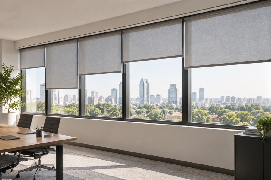 Separate roller blinds adjusted across a long office window