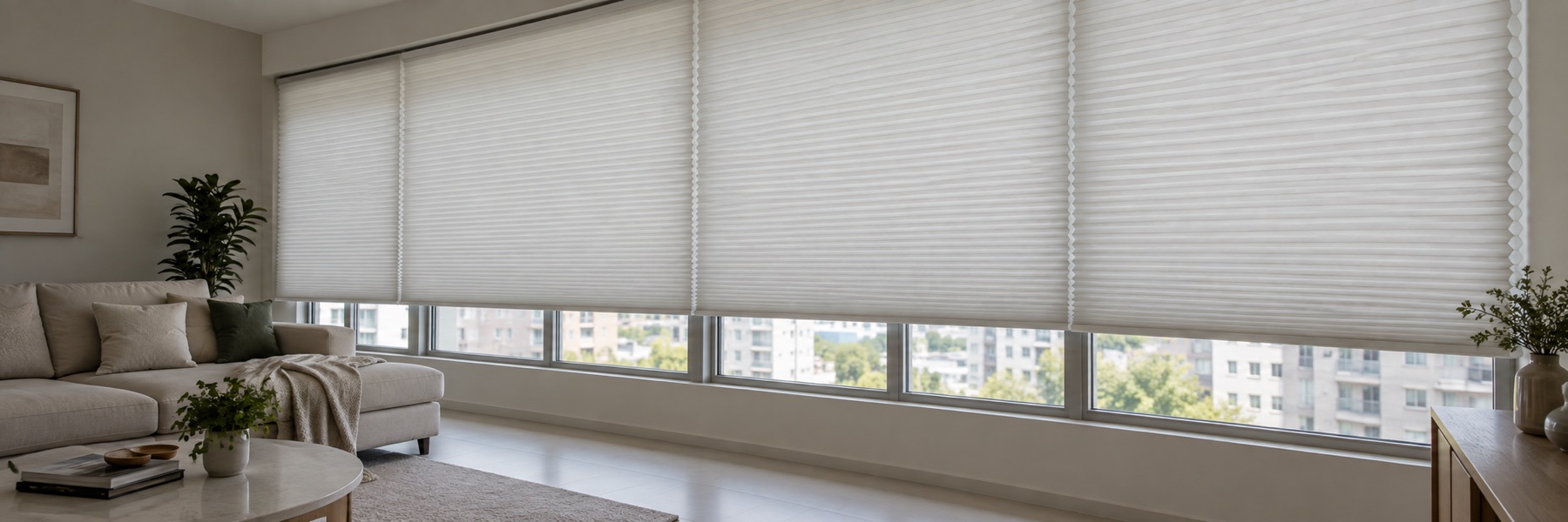 Light-filtering honeycomb blinds across a Singapore apartment window