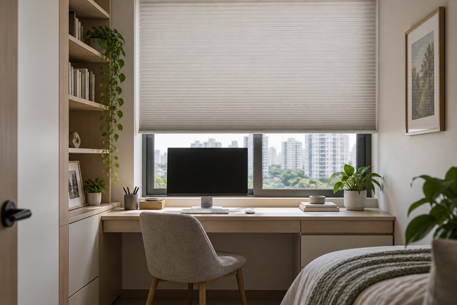 Light-filtering honeycomb blind above a study desk