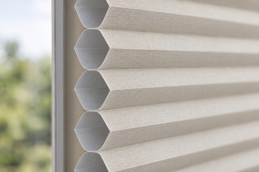 Close side view of the cellular pockets in honeycomb blind fabric