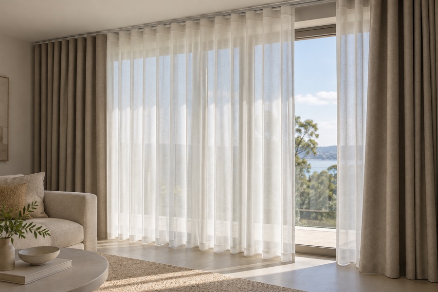 Sheer and blackout S-fold curtains installed on separate tracks