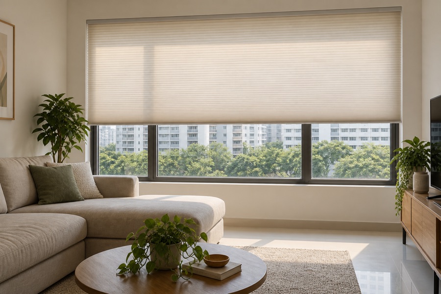 Honeycomb blinds softly filtering daylight in a living room