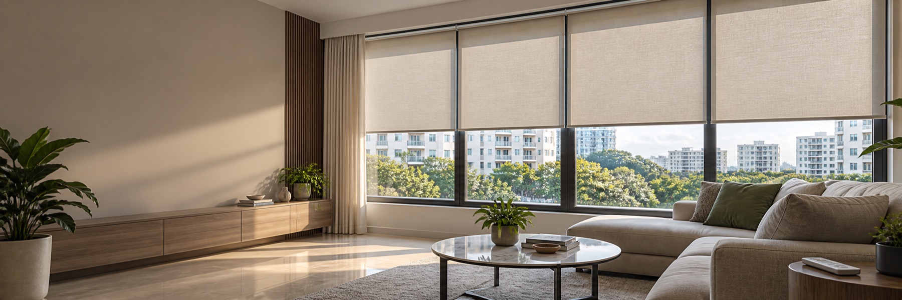 Coordinated motorised roller blinds in a Singapore living room