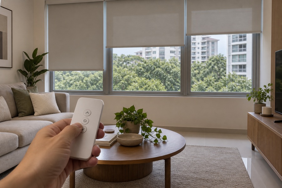 Hand using a remote to lower motorised roller blinds
