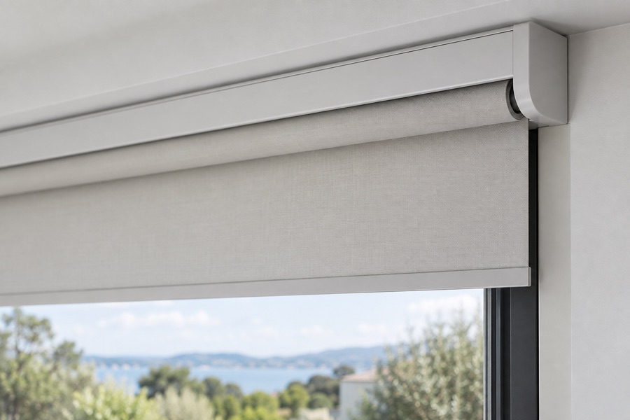 Close view of a motorised roller blind headrail above a window