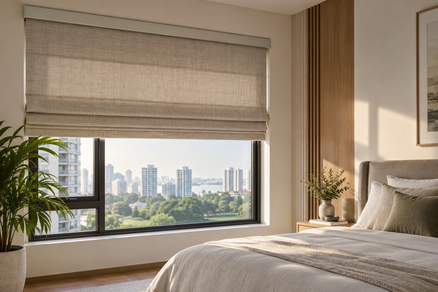 Motorised Roman blind partially raised in a bedroom