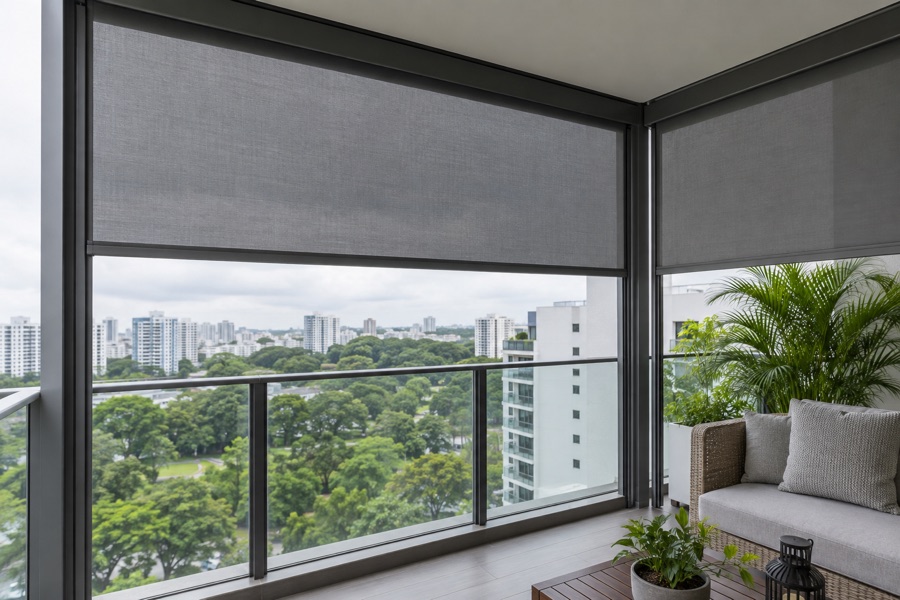Motorised zip blinds lowering over a Singapore apartment balcony