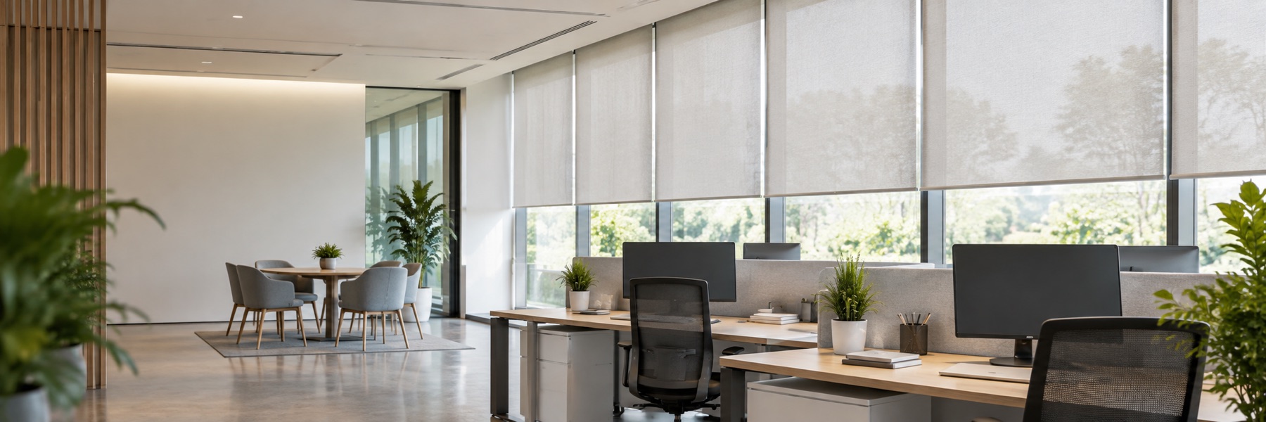 Modern Singapore office fitted with light-filtering roller blinds