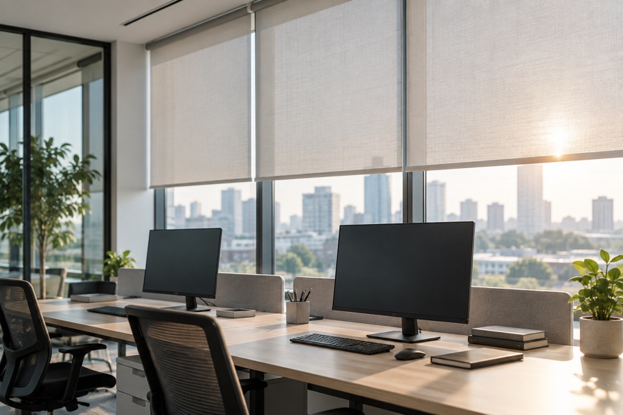 Roller blinds reducing glare beside office computer screens