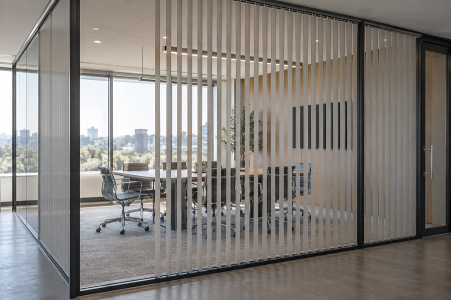 Vertical blinds providing privacy in a glass meeting room