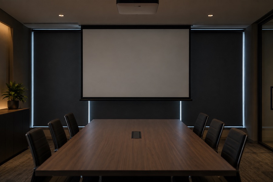 Blackout roller blinds closed in an office presentation room