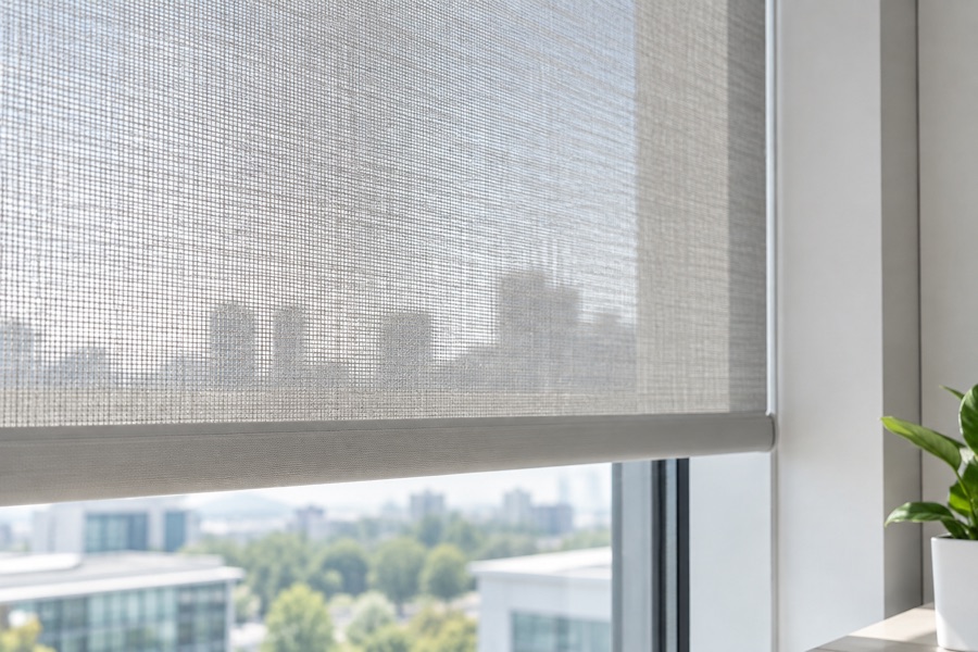 Close view of sunscreen roller blind fabric filtering daylight