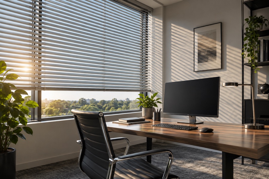Aluminium Venetian blinds redirecting sunlight in a private office