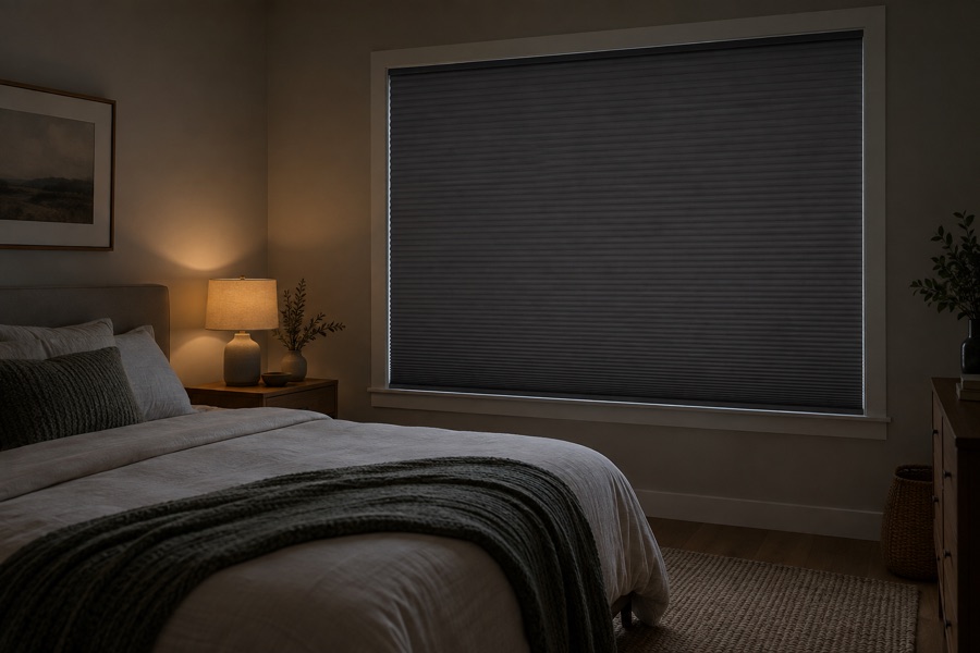 Room-darkening honeycomb blind fully lowered in a bedroom