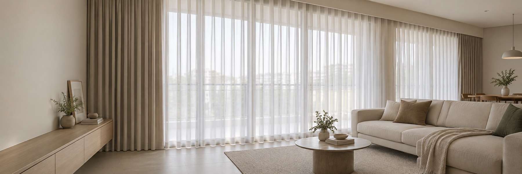 Layered sheer and neutral S-fold curtains in a Singapore living room