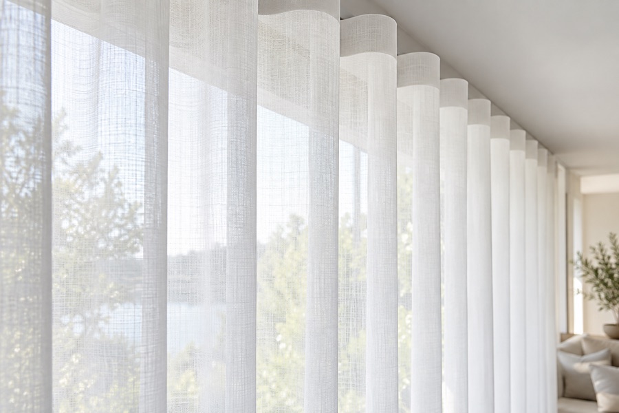 Sheer S-fold curtains forming continuous waves across a window