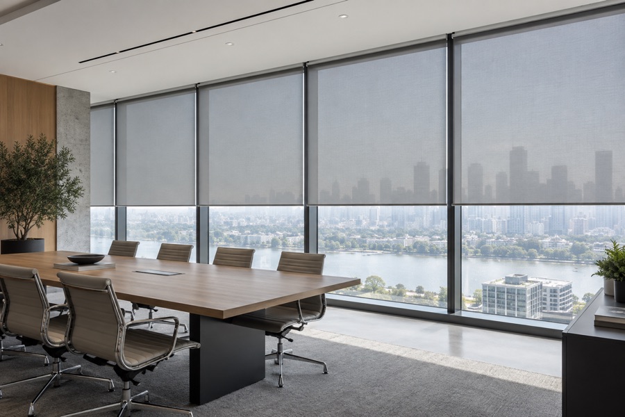 Motorised roller blinds moving together across an office window
