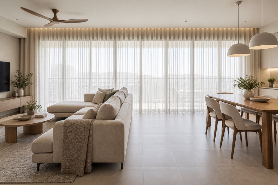 S-fold curtains spanning a wide living and dining room opening